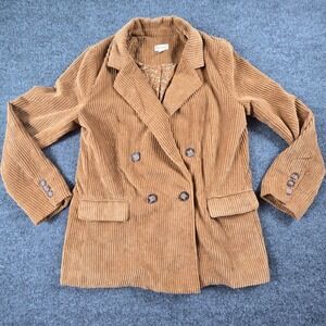 Hem & Thread Corduroy Blazer Women Large Brown Excellent Double Breasted Floral